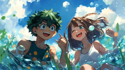 Joyful anime friends splashing together under bright skies.