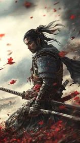 Samurai warrior kneels amid crimson leaves before battle.