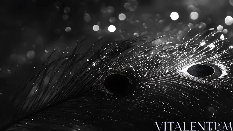 Glistening peacock feather shimmers in dramatic monochrome light