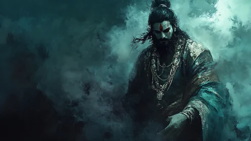 Mystical robed warrior with painted face in teal mist.