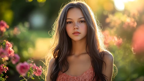 Young woman in sunlit garden surrounded by soft flowers.