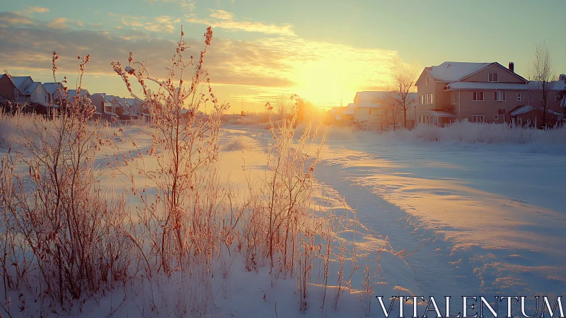 Winter sunrise over snowy suburban field and frosted homes.
