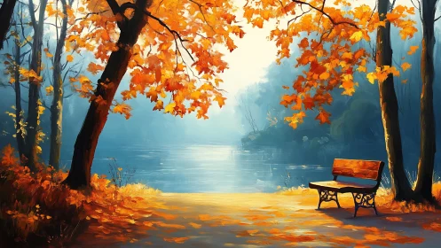 Golden autumn bench beside a tranquil, misty lakeshore.