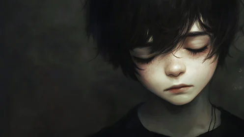 Melancholic child portrait with closed eyes in shadowed tones.