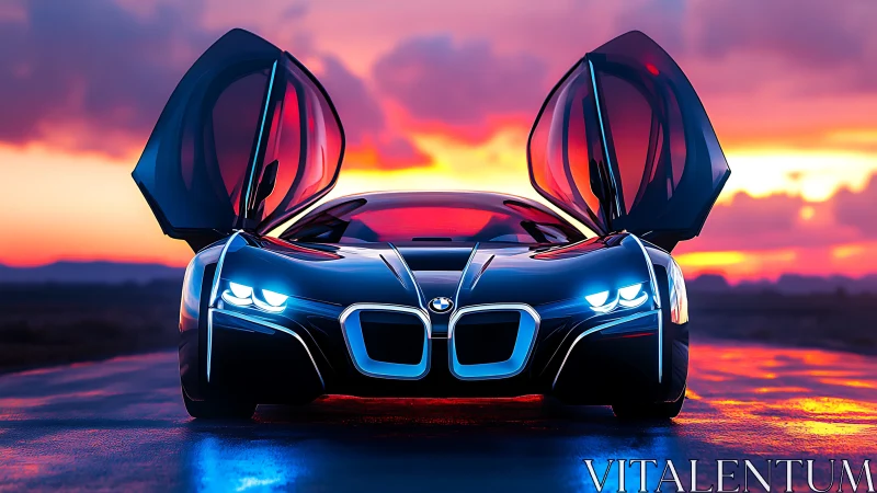 Futuristic BMW concept sports car with scissor doors at dusk.