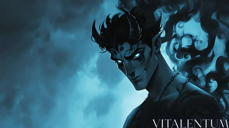 Midnight horned trickster smiles through swirling blue smoke