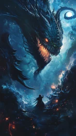 Human figure faces large dragon-like entity in blue void