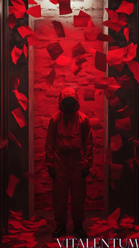 Photorealistic red corridor with hooded figure and papers.