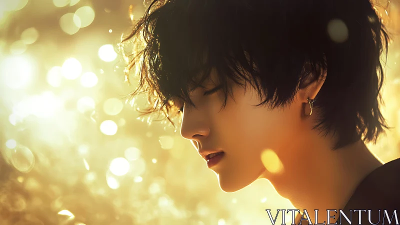 Golden backlit profile captures serene, dreamlike contemplation.