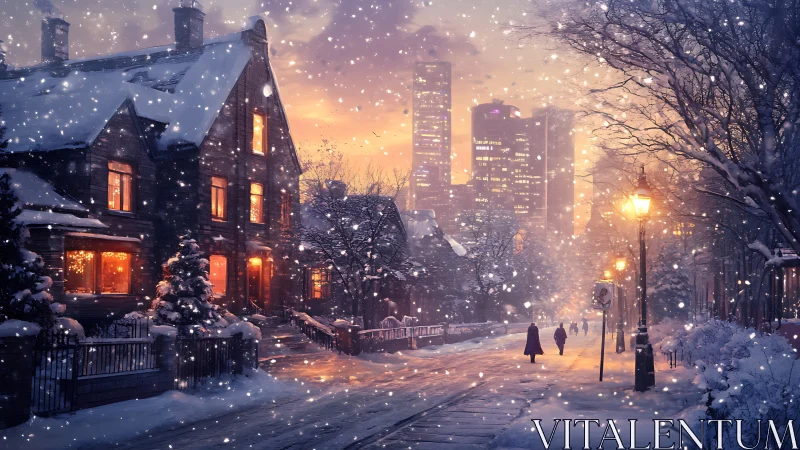 Digital painting of snowy urban street with warm-lit houses.
