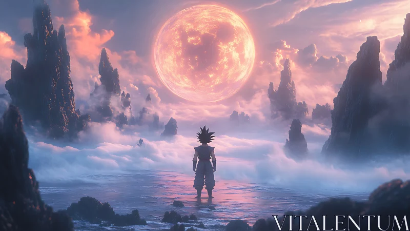 Lone warrior greeting a glowing moon over misty seas.