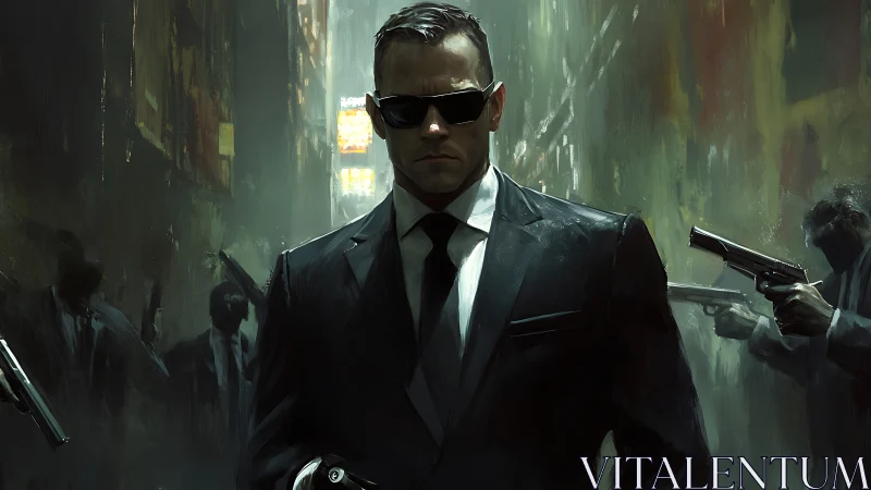 Suit-clad armed figure in narrow urban alley at night.