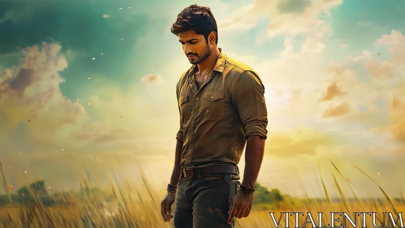 Sunlit wanderer drifts through golden fields of quiet doubt