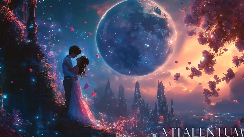 Celestial Romance: A Couple Under the Glowing Planet.