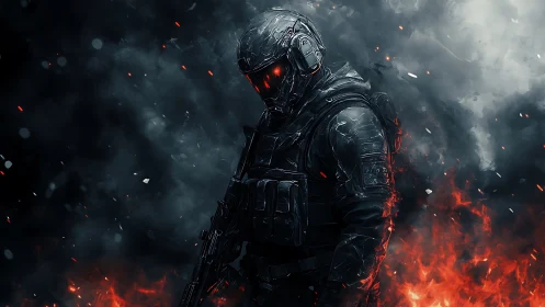 Armored sci fi soldier standing calm in swirling battle fire.