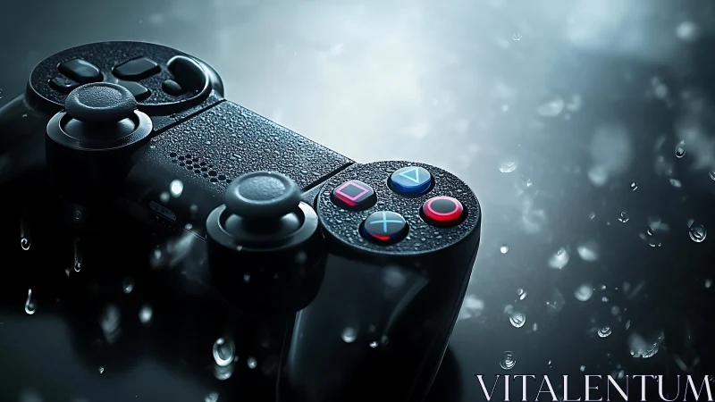 Wired game controller in water droplets on dark surface.