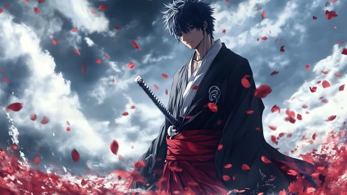 Stoic anime samurai stands amid swirling crimson petals