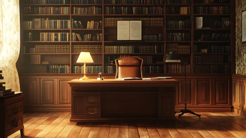 Warm wood paneled library office with desk and bookshelves.