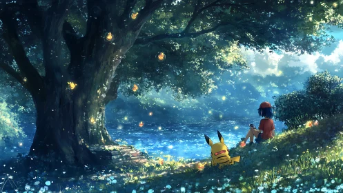 Quiet lakeside afternoon with glowing forest lights and friends.