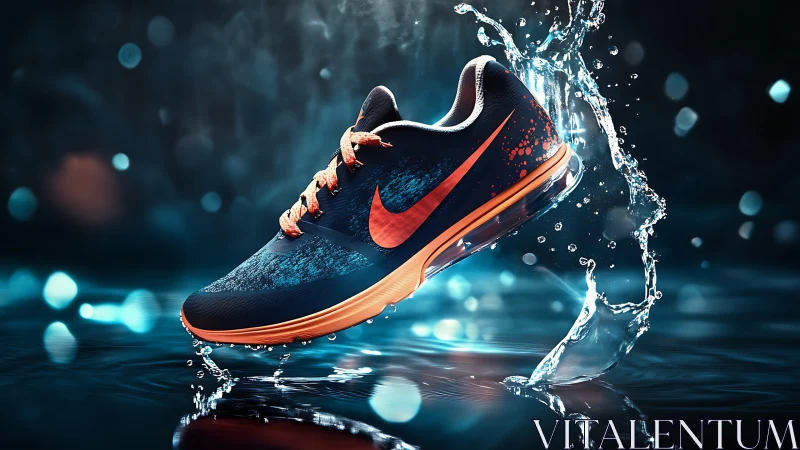 Dynamic running shoe splashes through water in neon glow.
