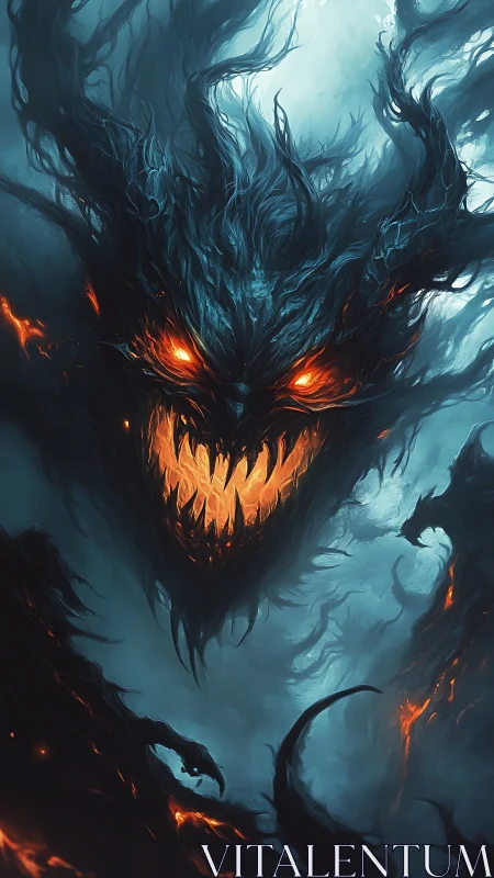 Infernal storm wraith with blazing eyes and shattered grin.