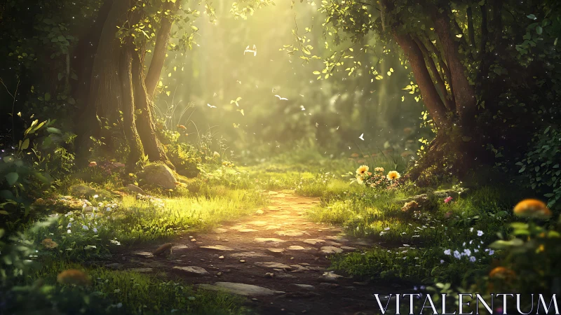 Forest pathway with filtered sunlight and ambient vegetation.
