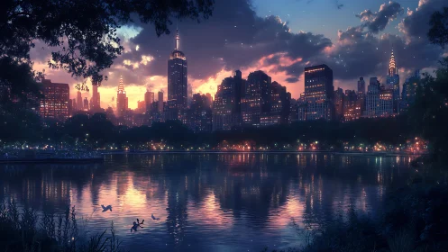 Twilight city skyline leans into dusk over a whispering lake