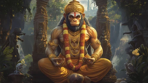 Simian deity in meditative asana amid carved jungle sanctuary.