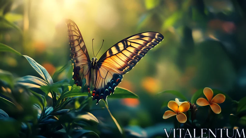 Sunlit garden butterfly drifting through painted dawn.