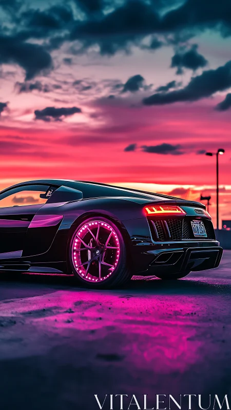 Sleek sports car glowing under a neon sunset sky.