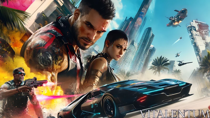 Cybernetic mercenaries dominate neon-soaked future skyline.