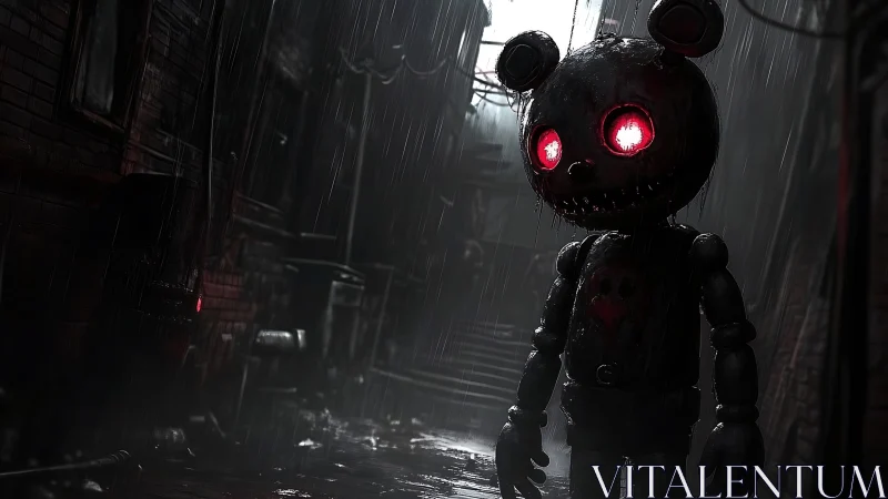 Friendly robot bear wanders through a rainy midnight alley.