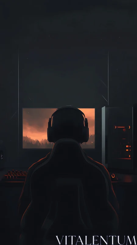 Midnight gamer gazes into ember-lit digital wilderness dreamscape.