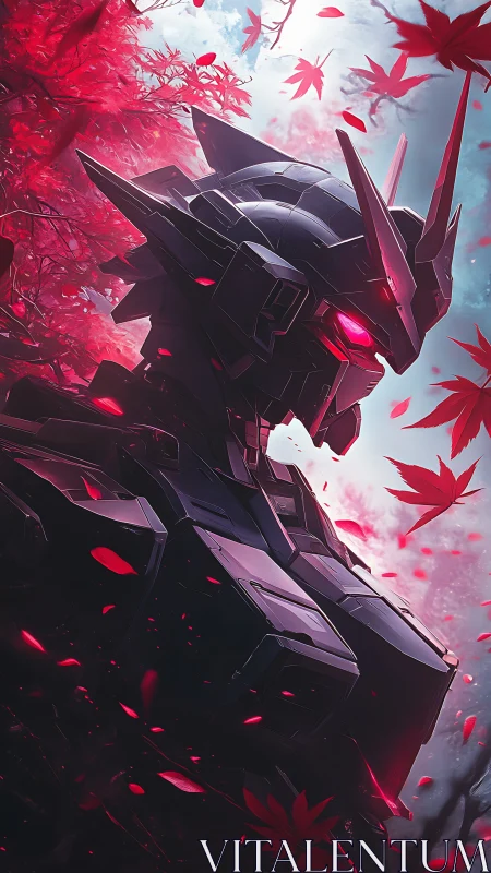 Mecha head with emissive magenta optics in red maple foliage backlight