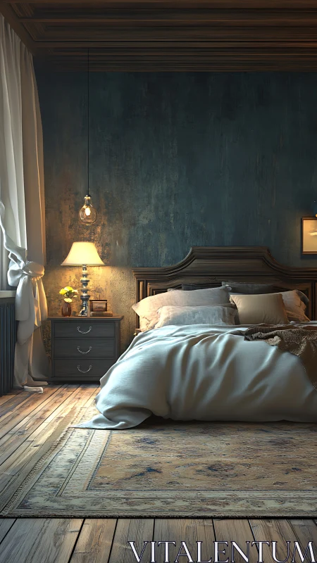 Bedroom interior with bed, rug, and side table at dusk.
