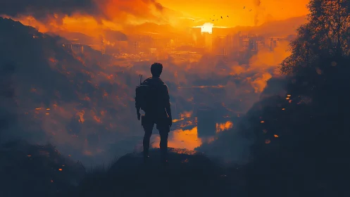 Golden horizon welcomes a lone traveler above the city