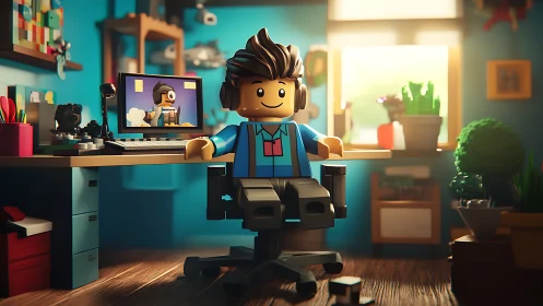 Lego creator streaming in sunlit home studio workspace.