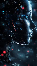 Luminous cybernetic portrait quietly blends human and machine