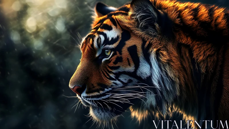 Ember-lit tiger profile in rain-soaked twilight silence.