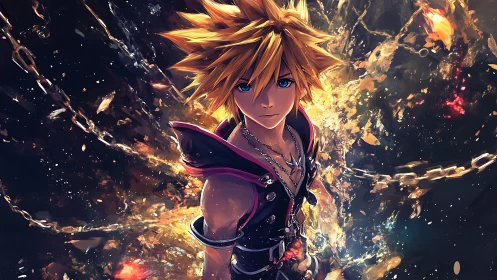 Spiky haired anime warrior amid luminous swirling chains