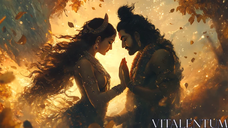 Divine couple illuminated by ethereal backlight in autumn haze