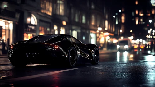 Sleek black hypercar idles on rain-slicked urban boulevard