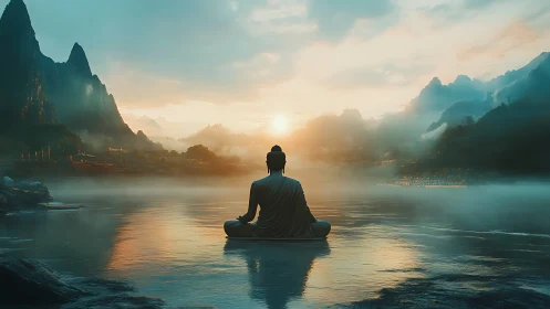 Solitary Buddha meditates on tranquil misty mountain lake