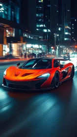 Night city glows as a sleek red supercar slices the streets
