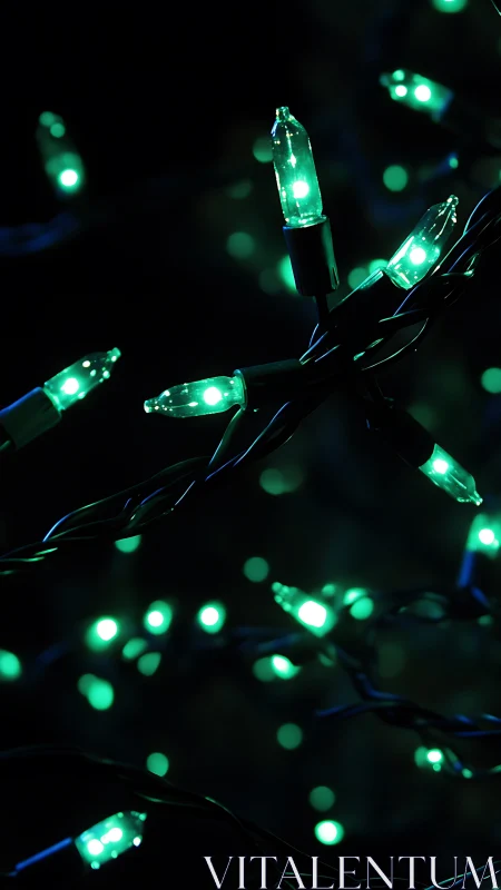 Emerald LED string lights in selective focus against black background.