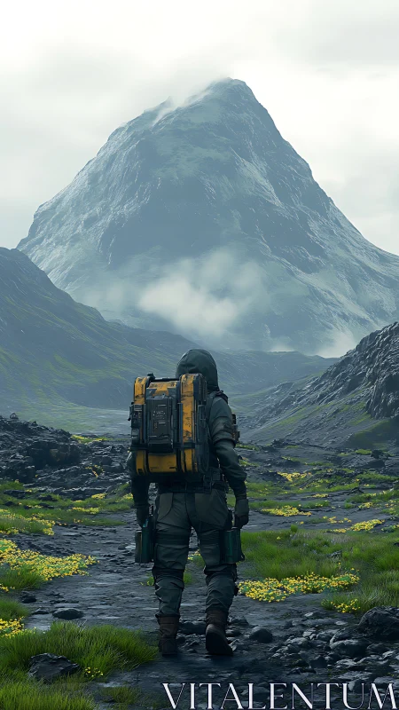 Solitary trekker crossing misty valley toward mountain.