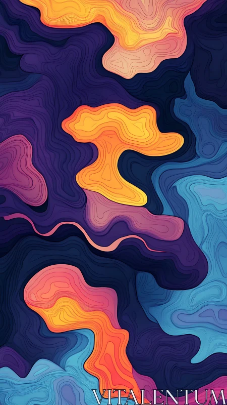 Multicolor contour-line fluid topography on dark gradient field