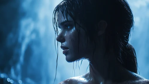 Side-lit wet portrait in cool blue atmospheric backlight