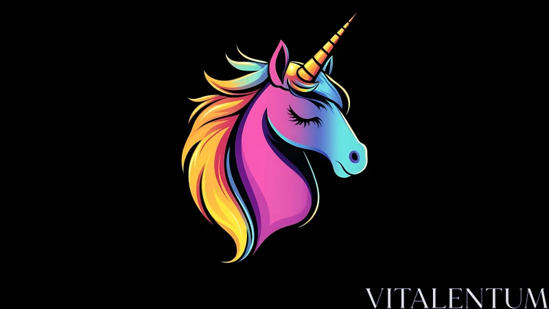 Vibrant neon unicorn head with flowing rainbow mane.