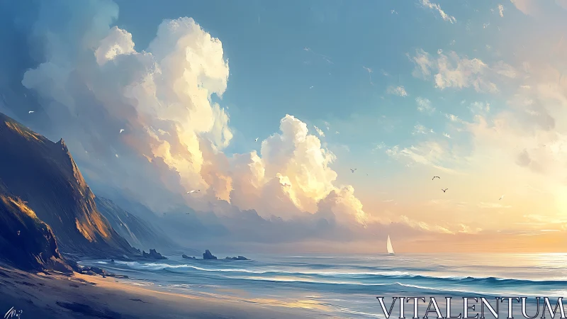 Sunlit clouds rise above tranquil seascape and distant sailboat